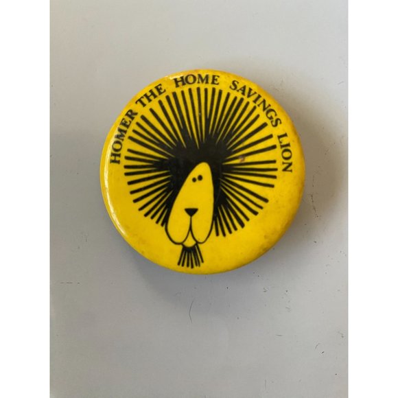 Vintage 1970s HOMER THE HOME SAVINGS LION Cartoon Yellow Pinback Button - Picture 1 of 3
